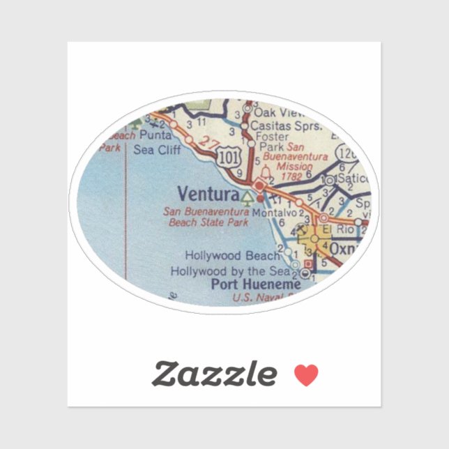 Ventura CA Vintage Road Map Sticker (Sheet)