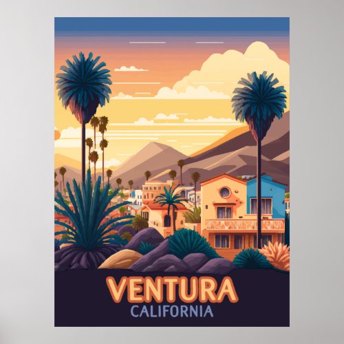 Ventura Sunset Mountains Southern California Retro Poster