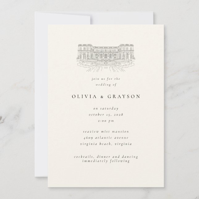 Venue Illustration Old Money Aesthetic, Wedding  Invitation (Front)