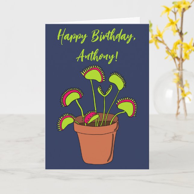 Venus Fly Trap Plant Illustration Personalized Card (Yellow Flower)