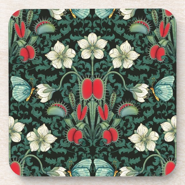 Venus Flytrap and Blue Butterfly Botanical Beverage Coaster (Front)