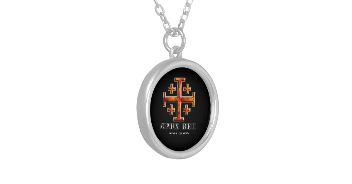 Ver 3 Jerusalem Cross Opus Dei Black Back Silver Plated Necklace 
