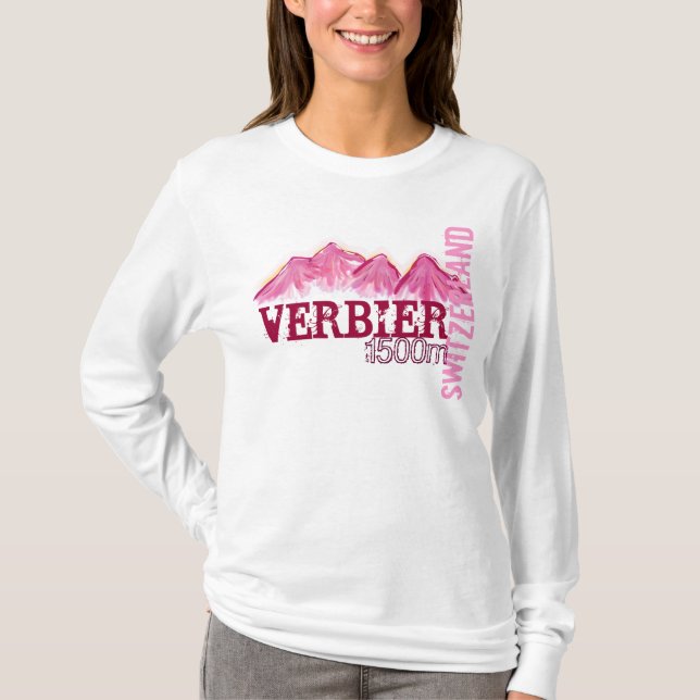 Verbier Switzerland ladies pink mountain hoodie T-Shirt (Front)