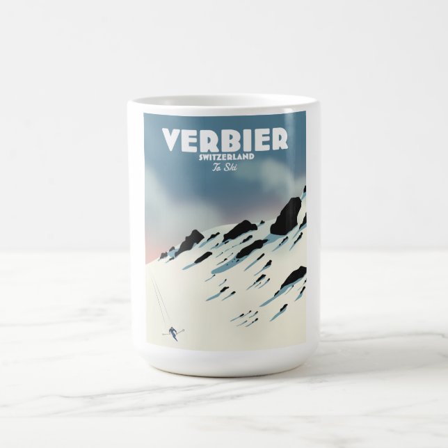 Verbier Switzerland ski travel poster art print. Coffee Mug (Center)
