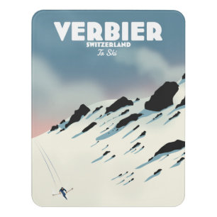 Verbier Switzerland ski travel poster art print. Door Sign
