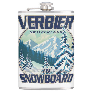 Verbier Switzerland Snowboard Travel logo Flask