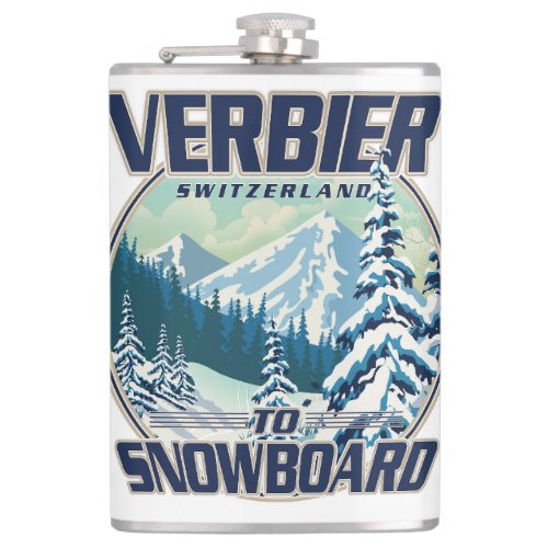 Verbier Switzerland Snowboard Travel logo Flask