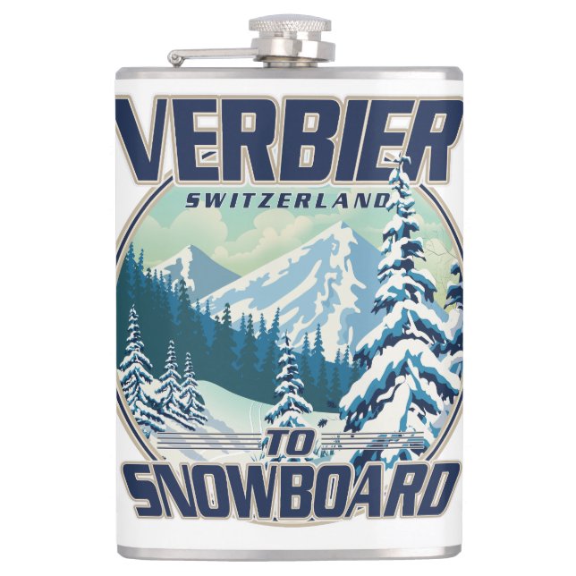 Verbier Switzerland Snowboard Travel logo Flask (Front)