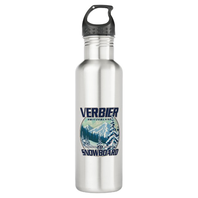 Verbier Switzerland Snowboard Travel logo Stainless Steel Water Bottle (Front)