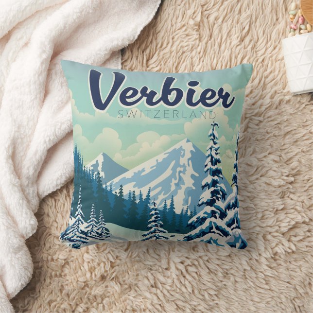 Verbier Switzerland Travel poster Throw Pillow (Blanket)