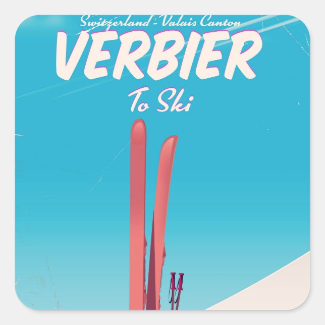 Verbier, Switzerland vintage ski travel poster. Square Sticker (Front)