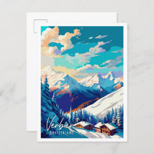 Verbier Switzerland vintage travel illustration Postcard
