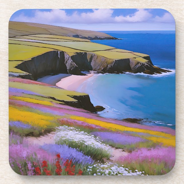 Verdant Cliffs and Azure Waves Beverage Coaster (Front)