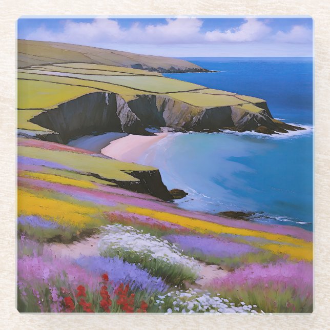Verdant Cliffs and Azure Waves Glass Coaster (Front)
