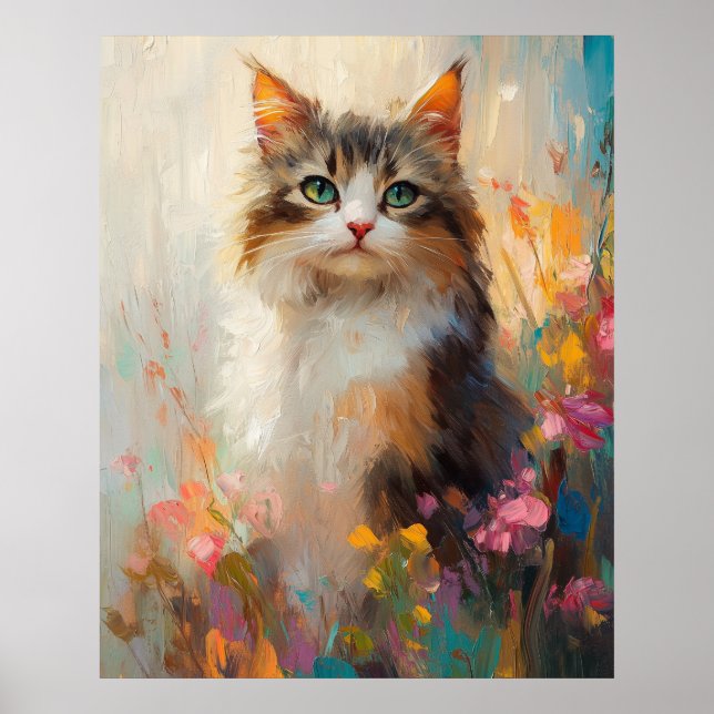 Verdant-Eyed Maine Coon in Spring Flowers Poster (Front)