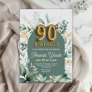 Verdant Floral Gold 90th Birthday Invitation