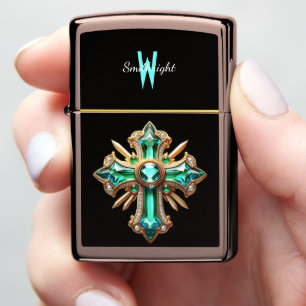 Verdant Glow: Cross Brooch With Green and White St Zippo Lighter
