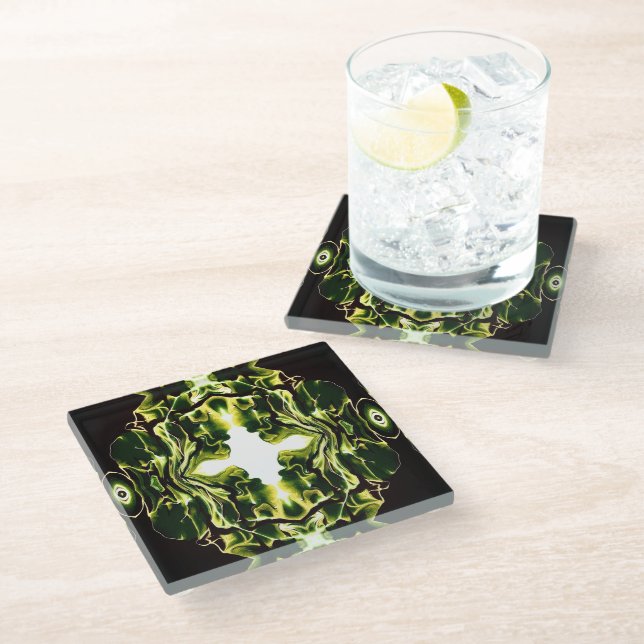 Verdant Green Abstract Acrylic Fluid Art Glass Coaster (Angled)