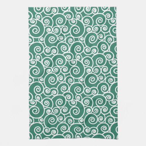 Verdant Green Abstract Swirly Seashell Pattern Kitchen Towel