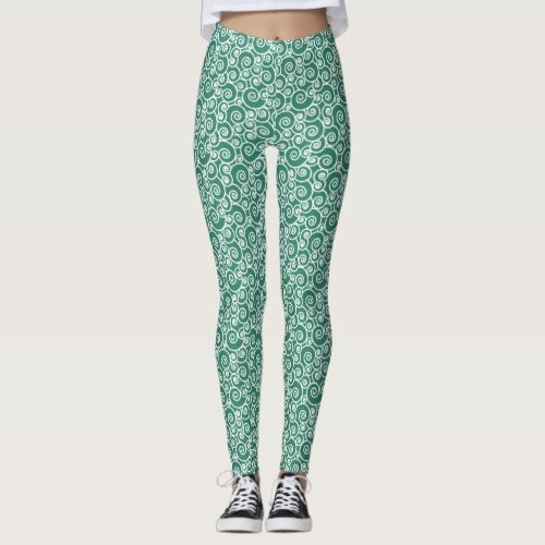 Verdant Green White Swirls Abstract Circle Pattern Leggings