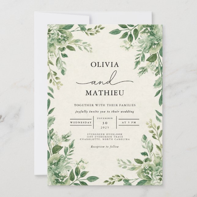 Verdant Leafy Botanical Flourish Wedding Invitation (Front)