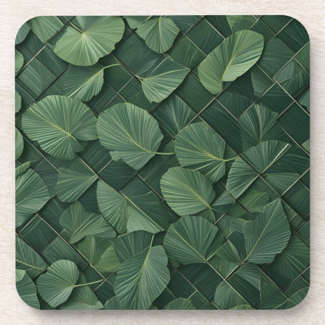 Verdant Rhythm: Tropical Leaf Grid Beverage Coaster (Front)