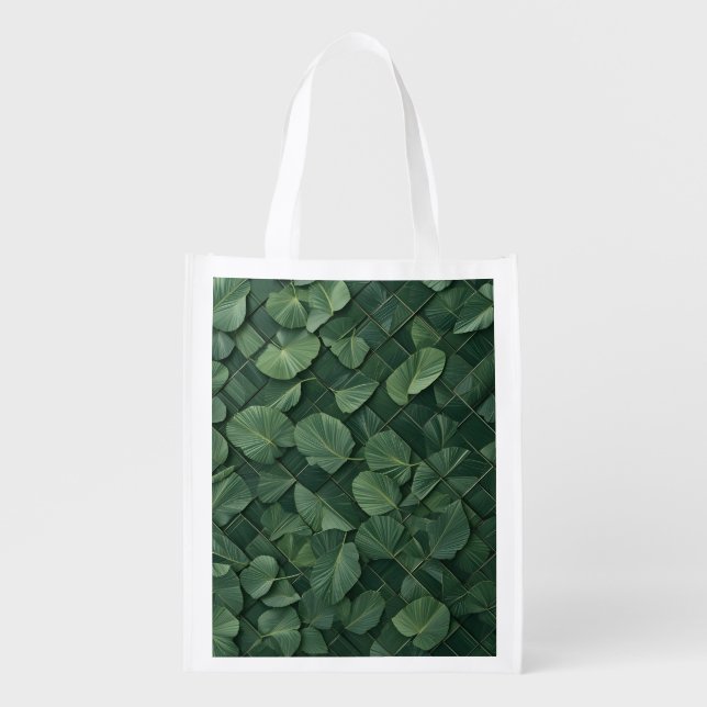 Verdant Rhythm: Tropical Leaf Grid Grocery Bag (Front)