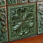 Verdant Swirls Art Nouveau Ceramic Tile Quads<br><div class="desc">This tile forms a harmonious pattern that embodies the spirit of Art Nouveau with its graceful, swirling forms. The tile boasts an embossed-appearing design of rich forest green, set against a backdrop of deeper jade, creating an interplay of elegance and depth. The golden olive accents and soft sage highlights bring...</div>