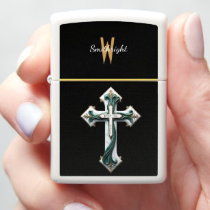 Verdant Symmetry: A Green and White Cross Zippo Lighter
