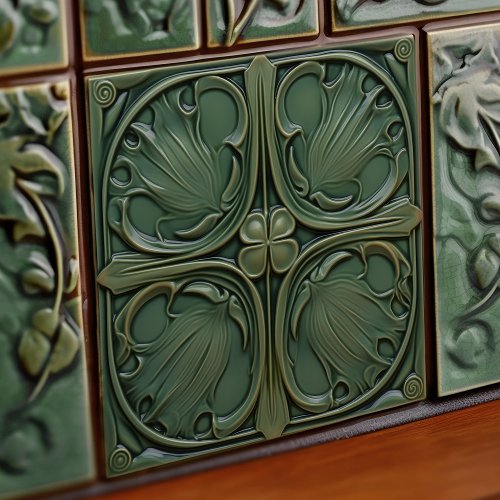 Verdant Symphony Art Nouveau Ceramic Tile