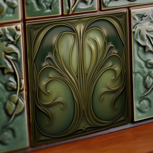 Verdant Whirls Art Nouveau Ceramic Tile