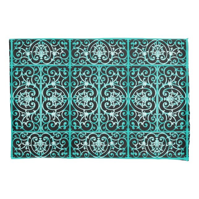 Verdigris and black scrollwork pattern pillow case (Front)