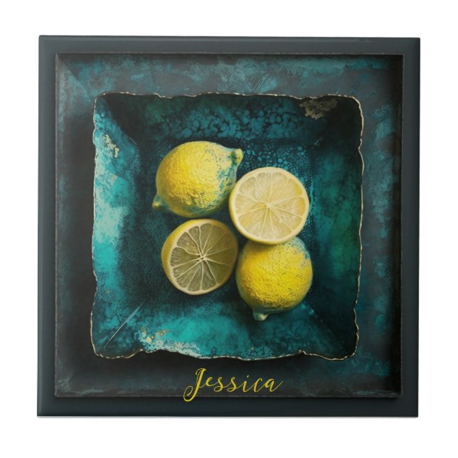 Verdigris and Lemons on a Square Plate    Ceramic Tile (Front)