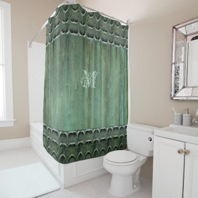 Verdigris Bronze Leaf Pattern Shower Curtain (In Situ)