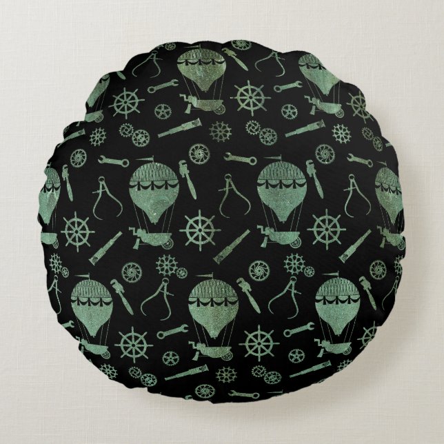Verdigris Bronze Steampunk Balloon Theme Round Pillow (Front)