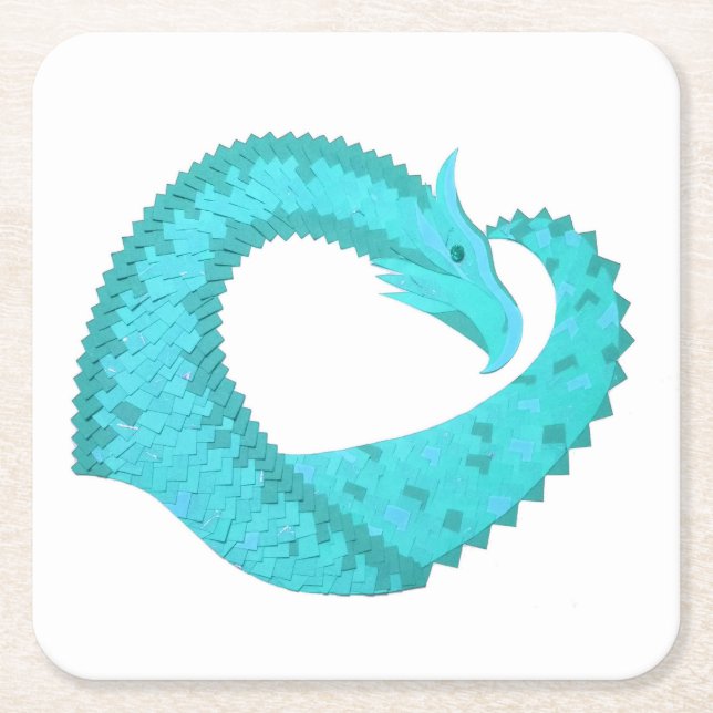 Verdigris heart dragon on white square paper coaster (Front)