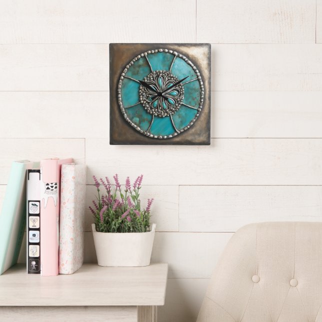 Verdigris Patina Metal Square Wall Clock (Reading Room)