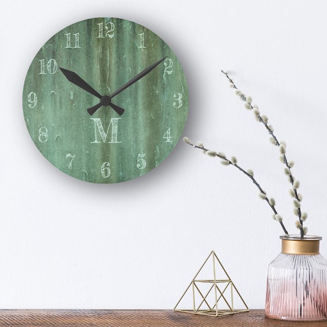 Verdigris Weathered Bronze Look Monogram Round Clock (Creator Uploaded)