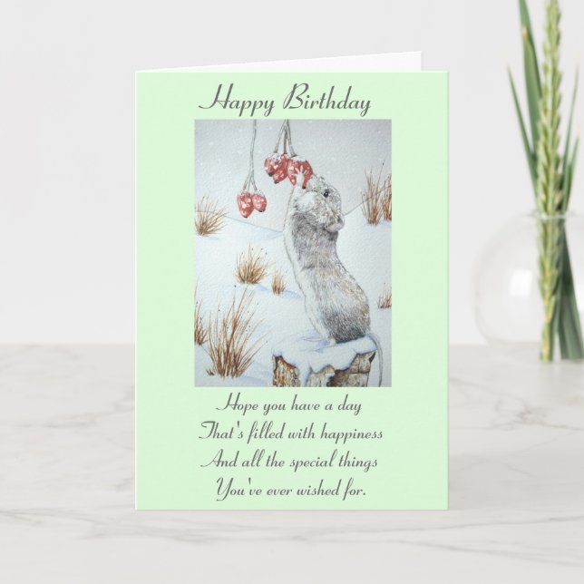 vered cute mouse and berries snow scene wildlife card (Front)