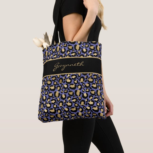Veri Peri Purple Black Leopard Print with Name Tote Bag (Close Up)