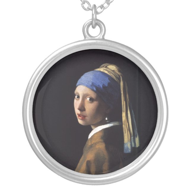 Vermeer Girl Pearl Earring Masterpiece Painting Silver Plated Necklace (Front)