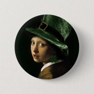 Vermeer Pearl Earring Clover St Patrick's Day Button