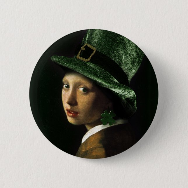 Vermeer Pearl Earring Clover St Patrick's Day Button (Front)