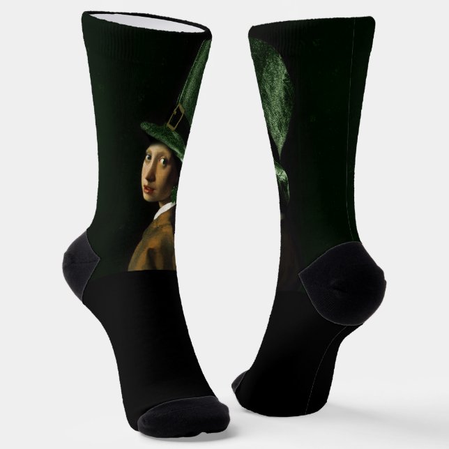 Vermeer Pearl Earring Clover St Patrick's Day Socks (Angled)