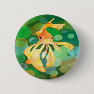 Vermilion Goldfish Swimming In Green Bubbles Button