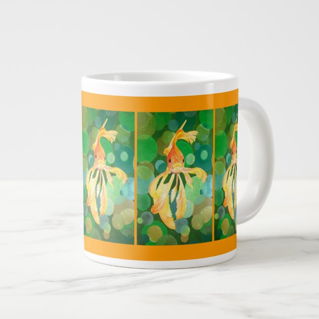 Vermilion Goldfish Swimming In Green Bubbles Giant Coffee Mug (Front Right)