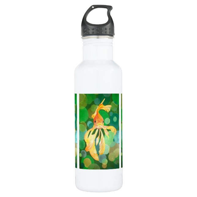 Vermilion Goldfish Swimming In Green Bubbles Stainless Steel Water Bottle (Front)