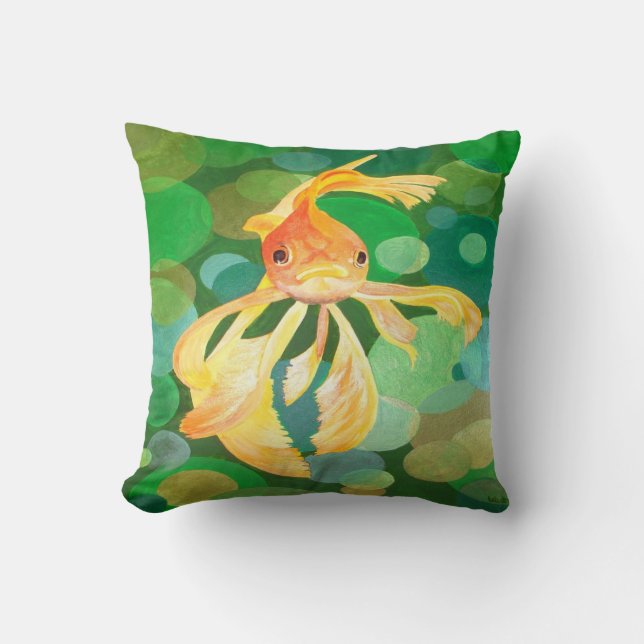 Vermilion Goldfish Swimming In Green Bubbles Throw Pillow (Front)