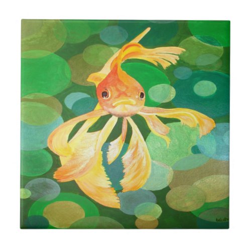Vermilion Goldfish Swimming In Green Bubbles Tile