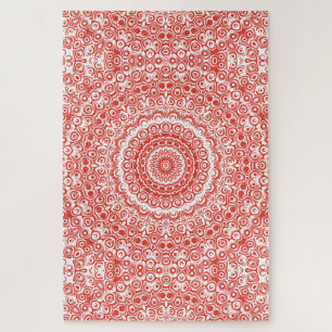 Vermilion on White Mandala Kaleidoscope Medallion Jigsaw Puzzle